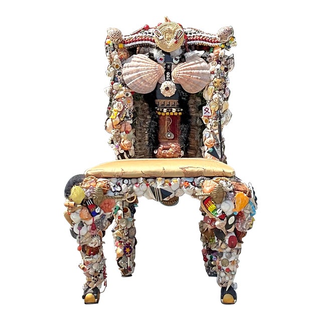 Vintage Boho Artisan Found Object and Shell Encrusted Chair For Sale