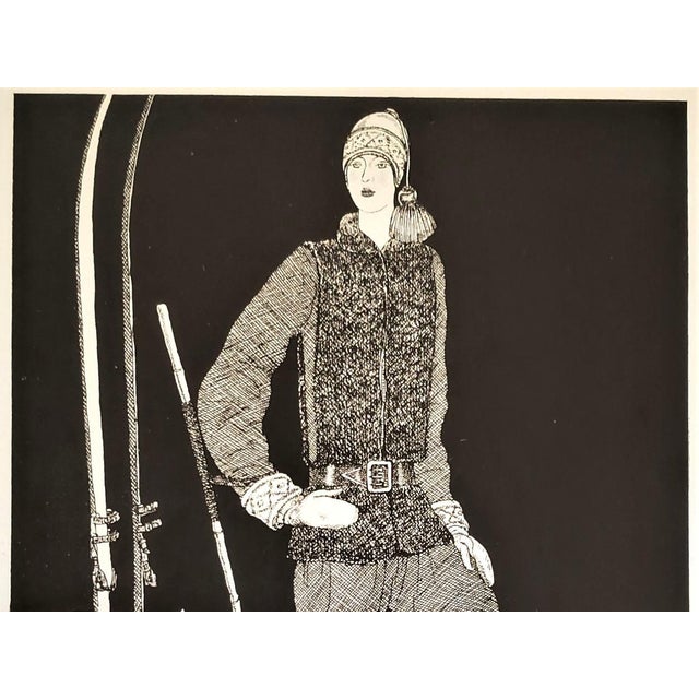 This is a 1928 vintage French fashion print that features ski sport apparel for the woman who loves to ski. It originally...