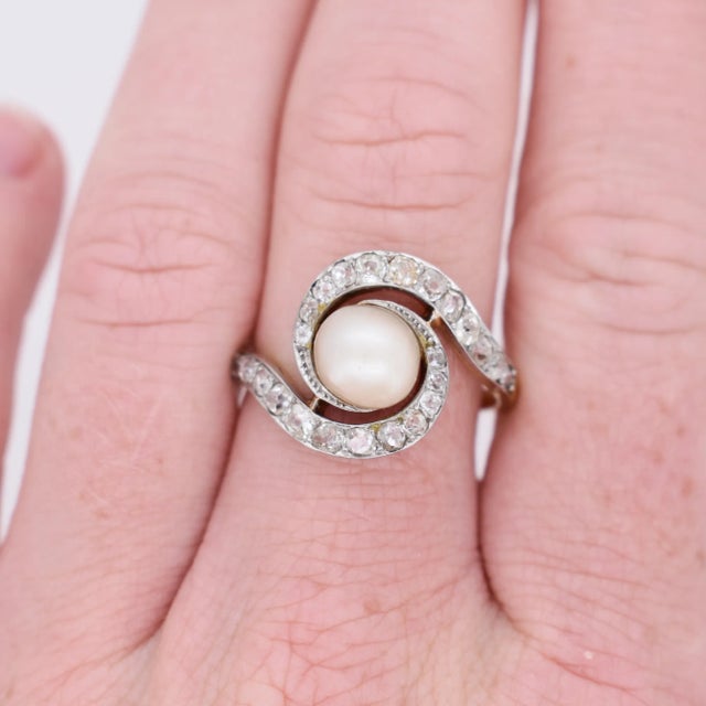 Metal Antique Pearl and Diamond Tourbillon Ring, Size 9.5 For Sale - Image 7 of 7