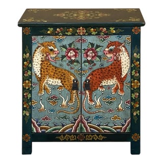Tibetan Oriental Teal Green Light Blue Jaguars End Table Nightstand For Sale