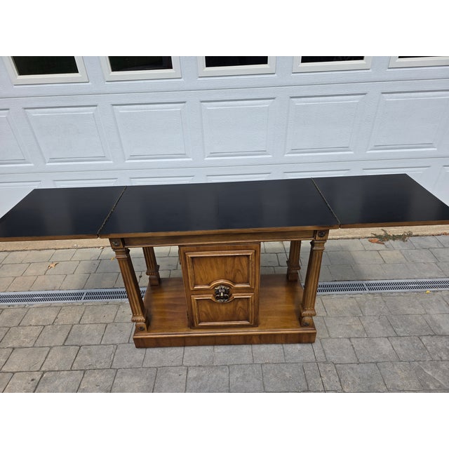 1960s Vintage Thomasville Lion’s Head Walnut Hardwood Credenza / Buffet / Serving / Server Table With Flip Top on Wheels For Sale - Image 15 of 17