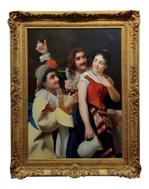 Giuseppe Galli -Two Men Seducing a Mistress W/Red Wine-19th C. Oil Painting