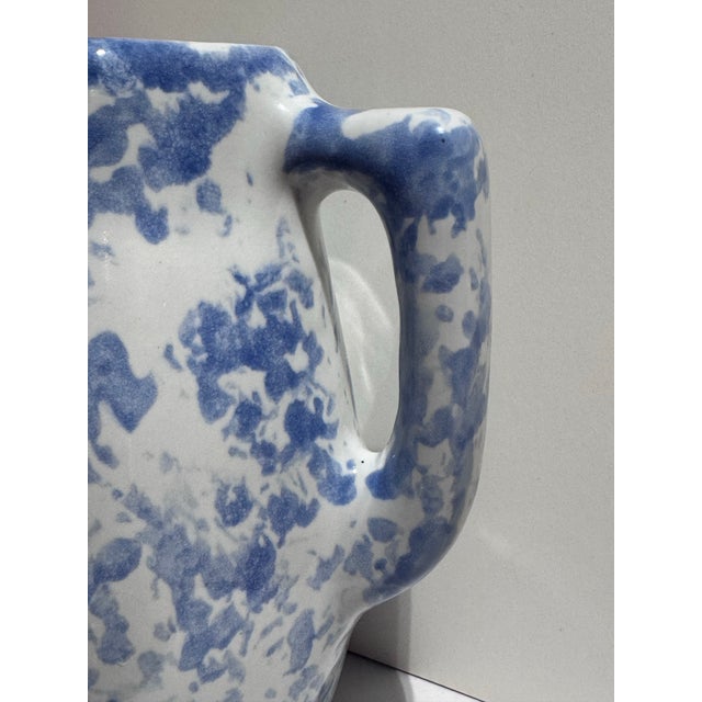 Rustic Vintage Blue and White Spongeware Ceramic Pitcher by Bybee Pottery For Sale - Image 3 of 9