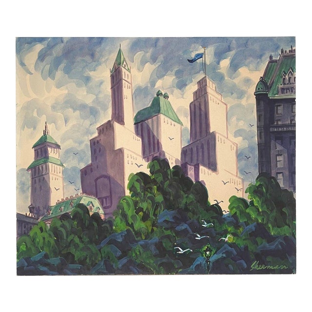 Vintage James Russell Sherman Central Park Plaza Hotel Roof New York Painting For Sale