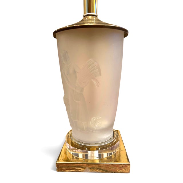 An American Art Deco Frosted Glass and Brass "Four Seasons" Table Lamp. For Sale In West Palm - Image 6 of 8