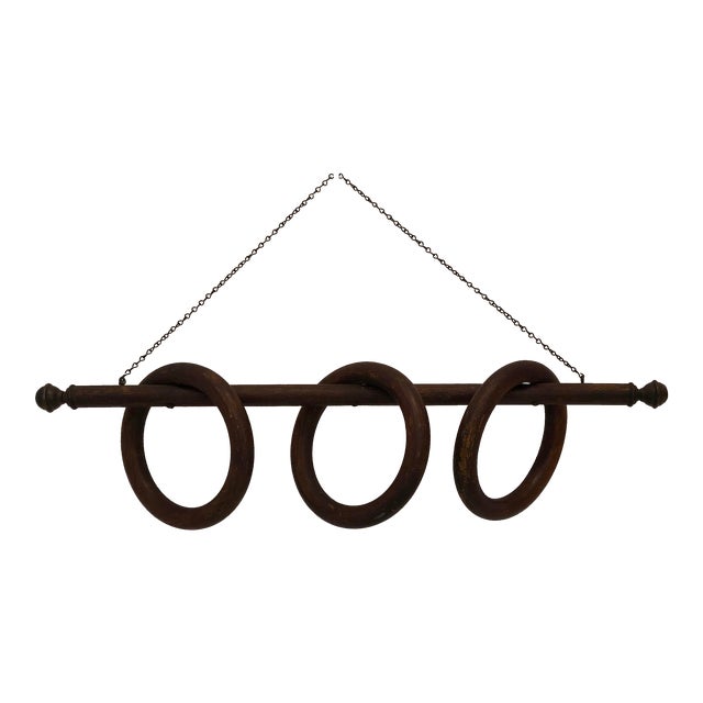 Antique Primitive Vintage Three Ring Wood Towel Rack on Chain Victorian 1880s For Sale