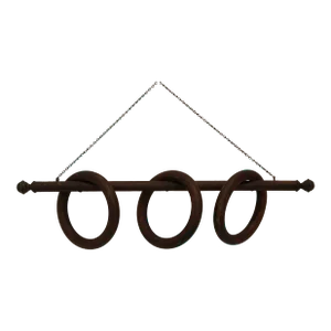 Antique Primitive Vintage Three Ring Wood Towel Rack on Chain Victorian 1880s