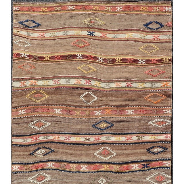 Traditional Geometric Stripe Design Turkish Vintage Kilim Rug in Warm Earth Tones For Sale - Image 3 of 12