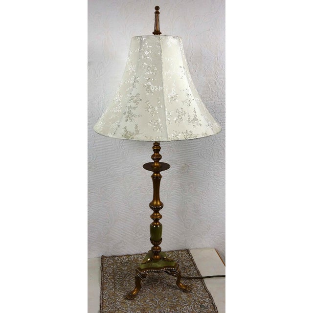 Antique Brass and Onyx Table Lamp with Fabric Shade from Unbekannt, 1930s, in Very Good conditions. Designed 1920 to 1949...