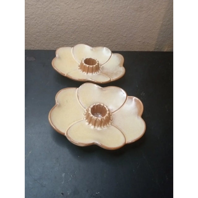 American 1960s Gorgeous Pair of Frankoma Pottery 6" Lotus Pad Candle Holders This Product Is a Pair of Frankoma Pottery Lotus Pad Candle Holders, For Sale - Image 3 of 5