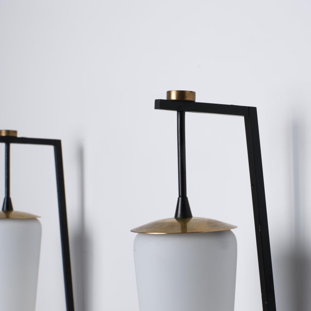 Mid-Century Modern Large Italian Brass, Black Metal and Opaline Glass Sconces, 1950s, Set of 2 For Sale - Image 3 of 10