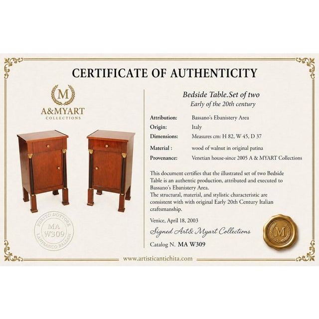 Brown Italian Empire Neoclassical Walnut Bedside Tables from Bassanos Ebanistery, 1920s, Set of 2 For Sale - Image 8 of 9