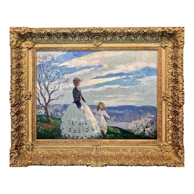 Gifford Beal -Mother & Daughter in a Spring Breezy Day- C1915 Oil Painting For Sale