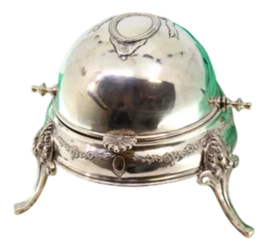 Silver Butter Dish with Glass Core and Engravings