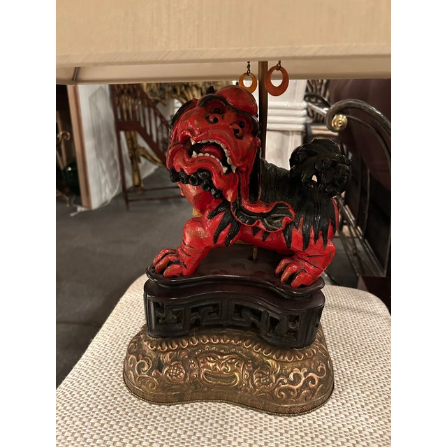 1920s Lacquered Carved Wood Foo Dog Table Lamps- a Pair For Sale - Image 12 of 14