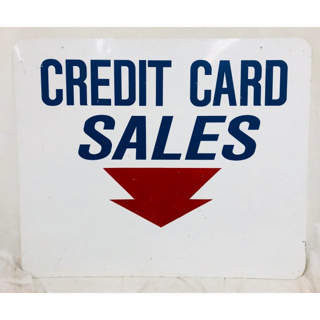 Fabulous Double Sided Metal Factory Sign that Reads “ CREDIT CARD SALES “ in navy blue letters with a large red arrow...