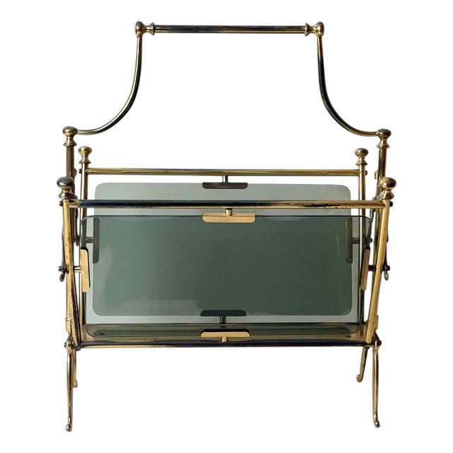 Italian Brass and Smoked Glass Magazine Rack, Italy, 1960s For Sale