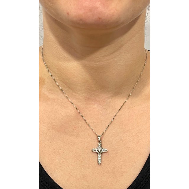 White Diamond Cross Pendant with White Gold Necklace 18 Karat White Gold For Sale - Image 14 of 18