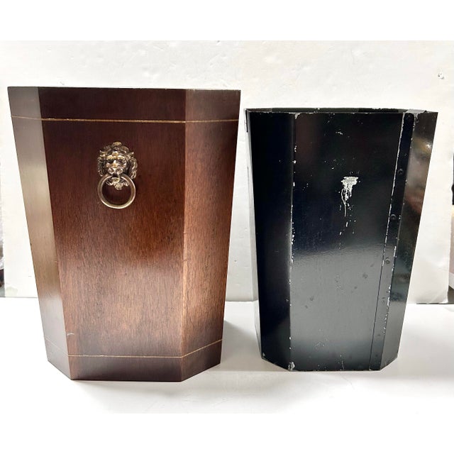 Brown Vintage Mahogany Wastebasket With Lion Head Ring Pulls – Regency Style Wood Trash Bin With Metal Liner For Sale - Image 8 of 11