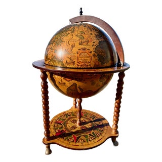 1980s World Globe Bar Cart 16th Century Map Replica & Zodiac Holds Bottles, Glasses Concealed For Sale