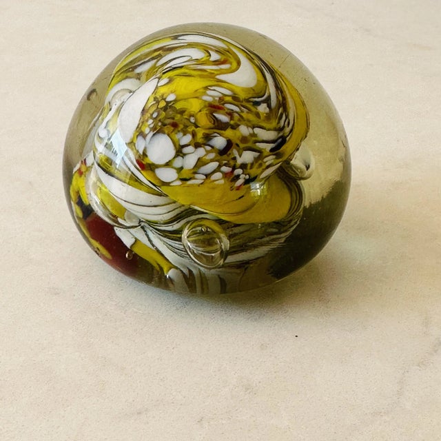 Postmodern Vintage Art Glass Paper Weight in Yellow and White Swirl For Sale - Image 3 of 6