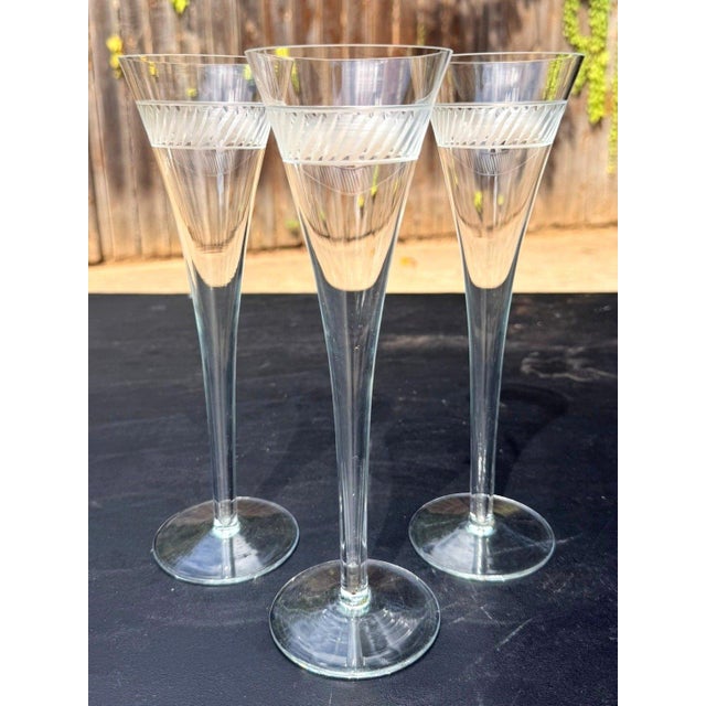 Art Deco Antique Art Deco Crystal Champagne Flutes 10" Engraved Chevron Set of 3 For Sale - Image 3 of 7