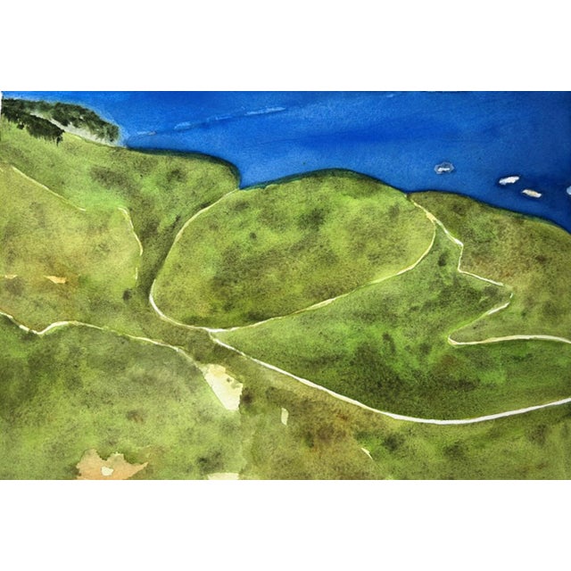 Sicily, View from Castelmola Looking North by Timothy J. Standring | Watercolor on paper Landscape of green hills and blue sea. For Sale