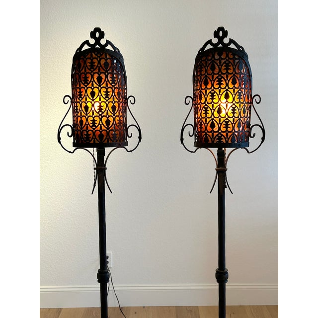 Beautiful Antique Rare Pair of c.1920’s Art’s & Crafts / Spanish Revival Hand-Wrought Iron Floor Lamps with Original Mica...