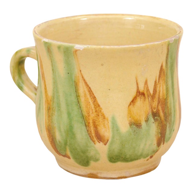 19th Century Rustic French Pottery Mug with Yellow, Green and Rust Glaze For Sale