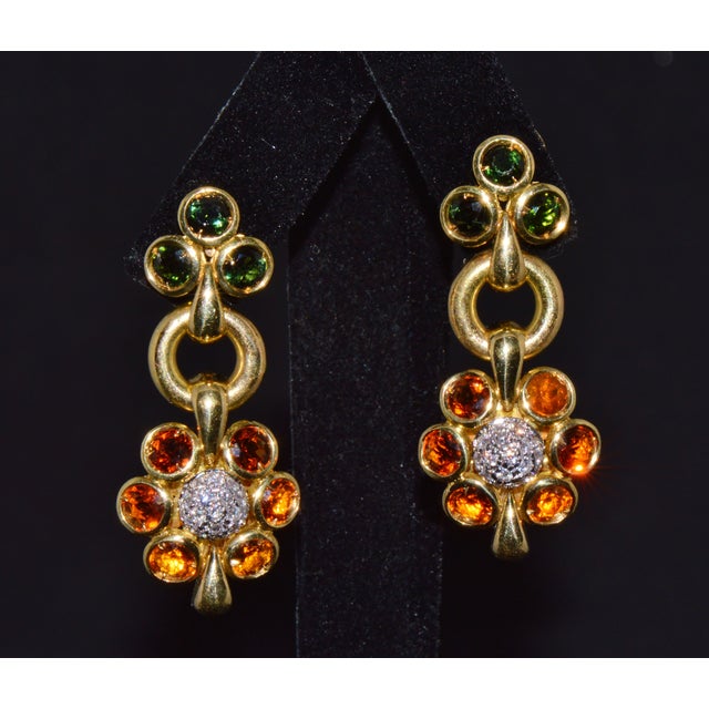 Late 20th Century Authentic Vintage Piero Milano 5.40Cts Natural Spessartite Garnet Green Tourmaline Diamond Solid 18k Gold Earrings, Pair For Sale - Image 5 of 16