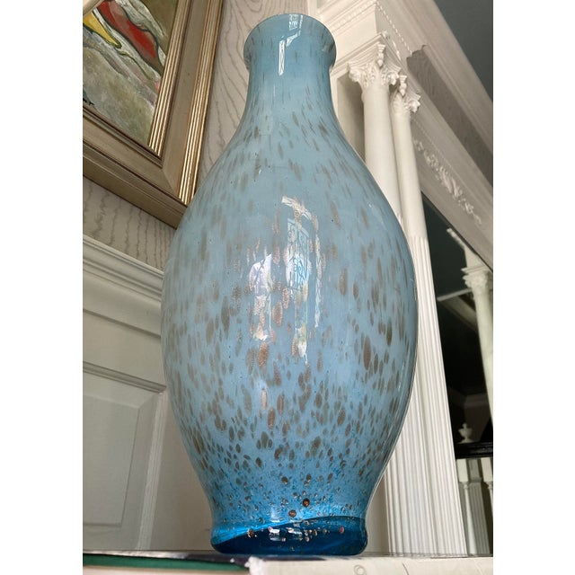 Contemporary 1970s Italian Murano-Style Handblown Blue Art Glass Vase With Gold and Silver Flecks, 21" For Sale - Image 3 of 18