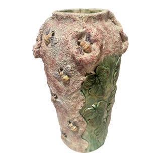 Vintage Mexican Majolica Vase Mercario Murguia Bees & Leaves For Sale