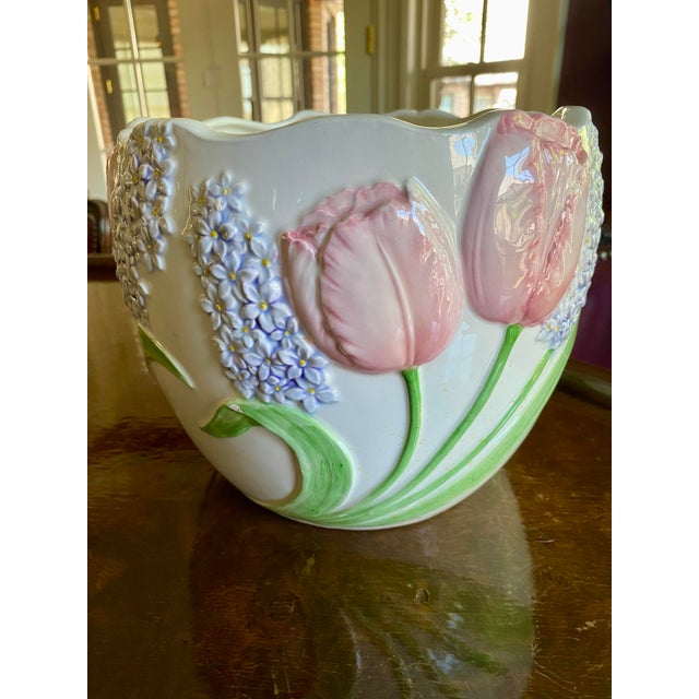 Vintage Pink Tulip and Lilac Ceramic Wastebasket or Planter by Mary Ann Baker For Sale - Image 4 of 9