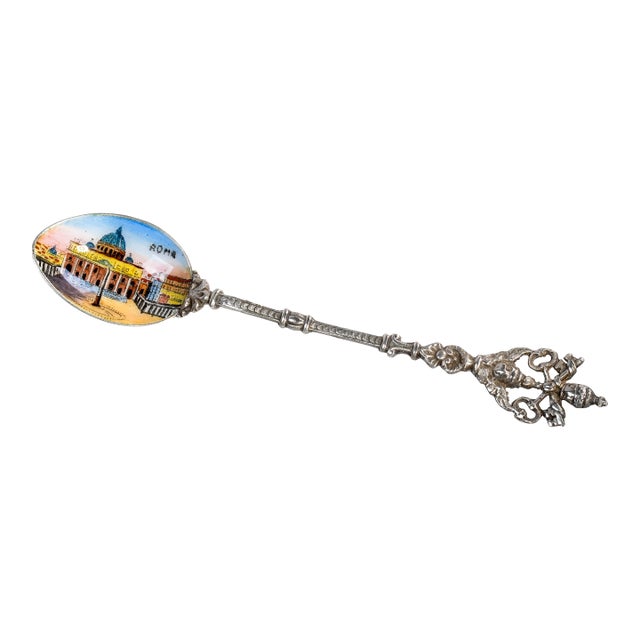 Nice Hand Painted Enamel Antique Grand Tour 800 Silver Spoon Vatican St. Peter's Basilica Rome Italy For Sale