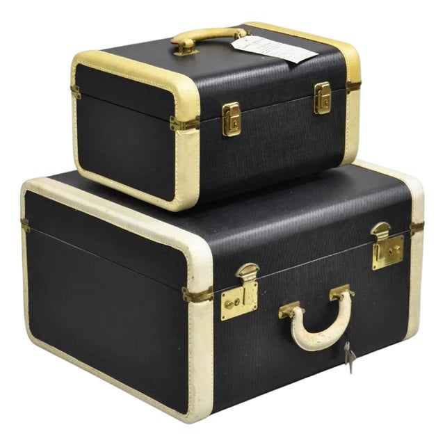 Vintage Art Deco Black & White Hard Case Travel Luggage Suitcase - 2 Pc Set For Sale