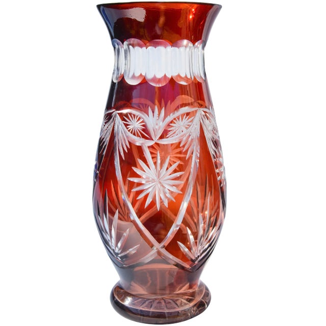 Art Deco Mid 20th Century Large Handblown Ruby Crystal-Cut Vase For Sale - Image 3 of 10