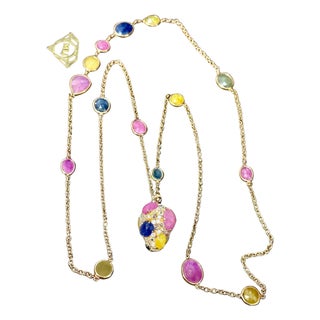 80 Ct Bezel-Set Multi-Sapphire Station Necklace & With diamonds 18kt Gold 35" L For Sale