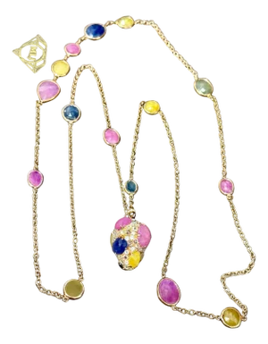 80 Ct Bezel-Set Multi-Sapphire Station Necklace & With diamonds 18kt Gold 35" L