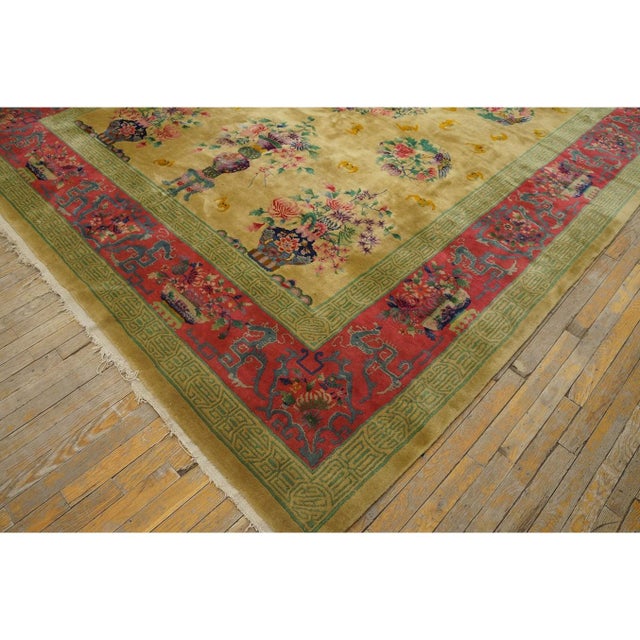 Textile 1920s Soft Yellow Field Antique Vase Floral Shou Symbols Chinese Art Deco Rug For Sale - Image 7 of 11