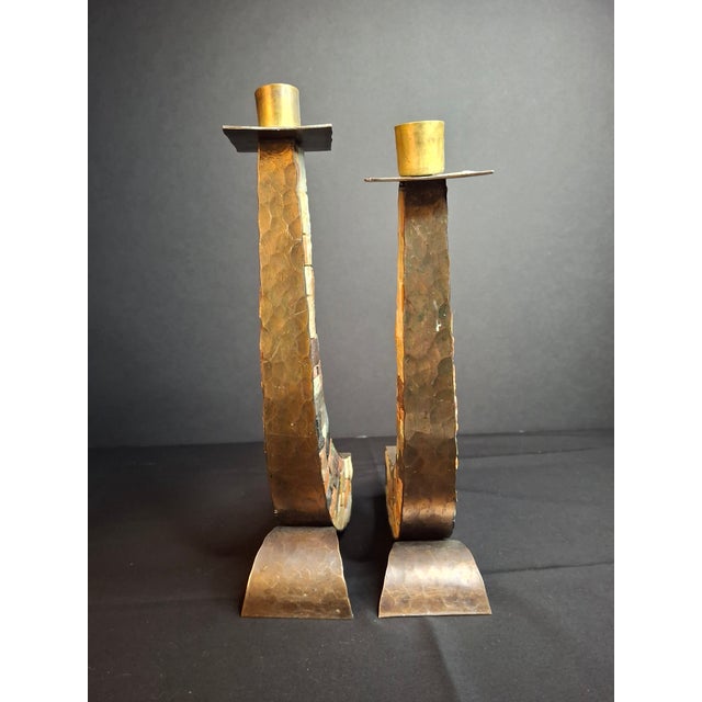 A striking pair of Mid-Century Modern / Brutalist Israeli Shabbat candlestick holders handcrafted by Eilon Mosaics in...