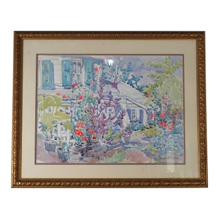 Elizabeth Berry Framed Watercolor of House & Garden - Signed For Sale