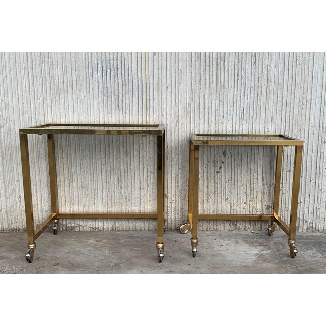 Nesting Tables Italian Design 1970 in Brass With Smoked Glass and Wheels - a Pair For Sale - Image 4 of 11