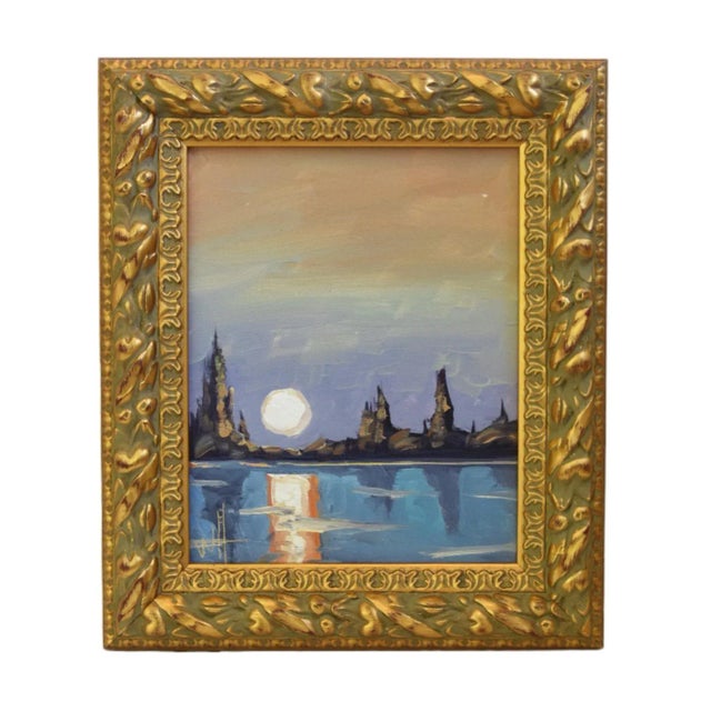 Wood William Hawkins Reflecting Full Moon & Lake Landscape Oil Painting Including the Antiqued Gold Wood Frame For Sale - Image 7 of 7