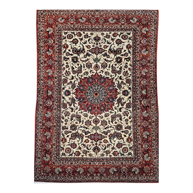 Vintage Isfahan Rug, Hand-Knotted Wool, Floral Pattern, Ivory & Red, 7x11 For Sale