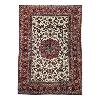 Vintage Persian Isfahan Rug, Hand-Knotted Wool, Floral Pattern, Ivory & Red, 7x11 For Sale