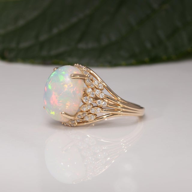 5.6Ct Ethiopian Opal Ring With Natural Diamond Accents: Solid 14k Gold, 13x11mm For Sale In Columbus - Image 6 of 9