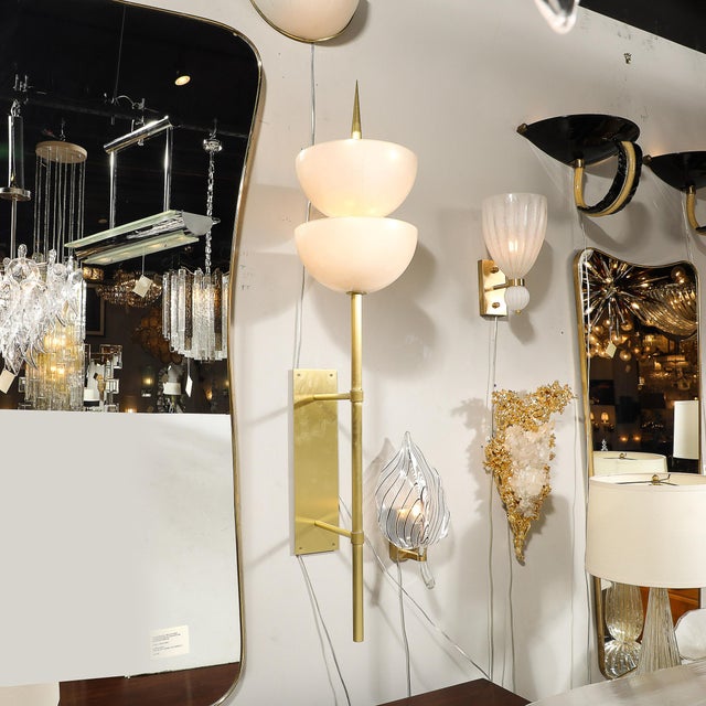 2010s Modernist Hand-Blown Murano Glass Reverse Dome Form Brushed Brass Sconces For Sale - Image 5 of 18