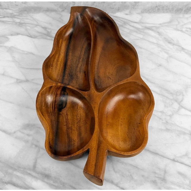 1970s Mid-Century 19" Monkey Pod Wood Divided Centerpiece Leaf Bowl For Sale - Image 5 of 9
