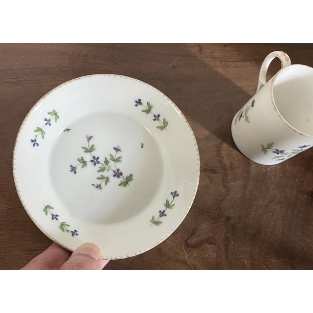 Antique early 19th century French Empire Paris porcelain sprig cornflower Barbeaux coffee can & saucer. Saucer measures 5"...