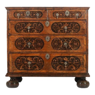 17th Century English William & Mary Walnut and Ebony Seaweed Marquetry Commode For Sale